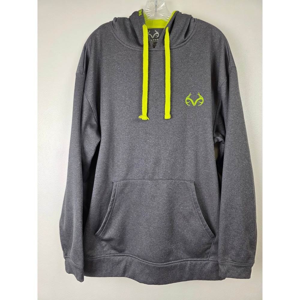 Realtree Mountainaire Hoodie Mens XL Gray Neon Green Pullover Sweatshirt Hunting